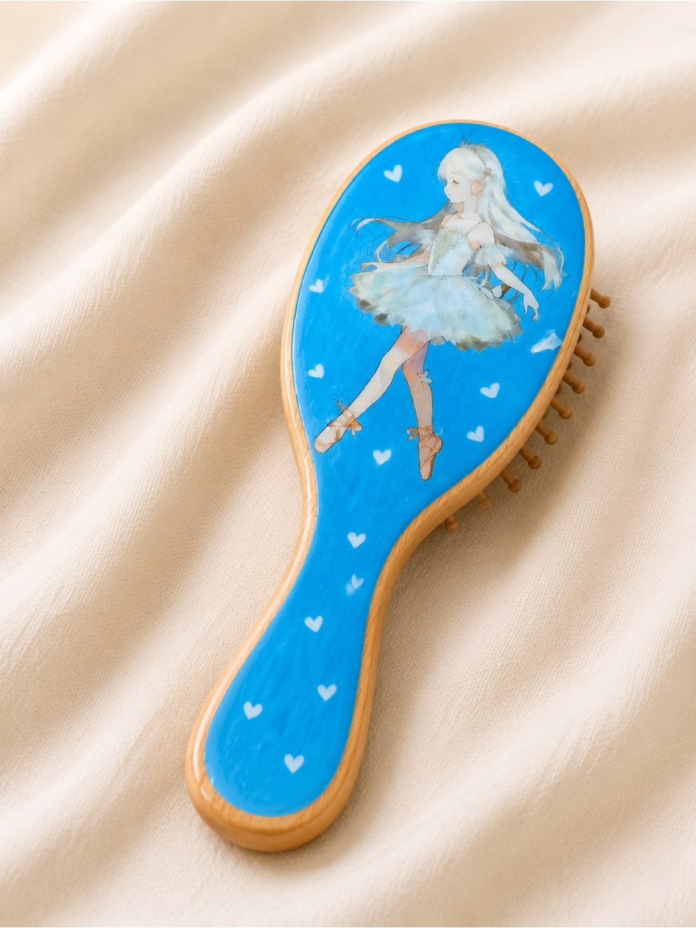 Hand Painted Wooden Handheld Hair Brush with Blue Ballerina